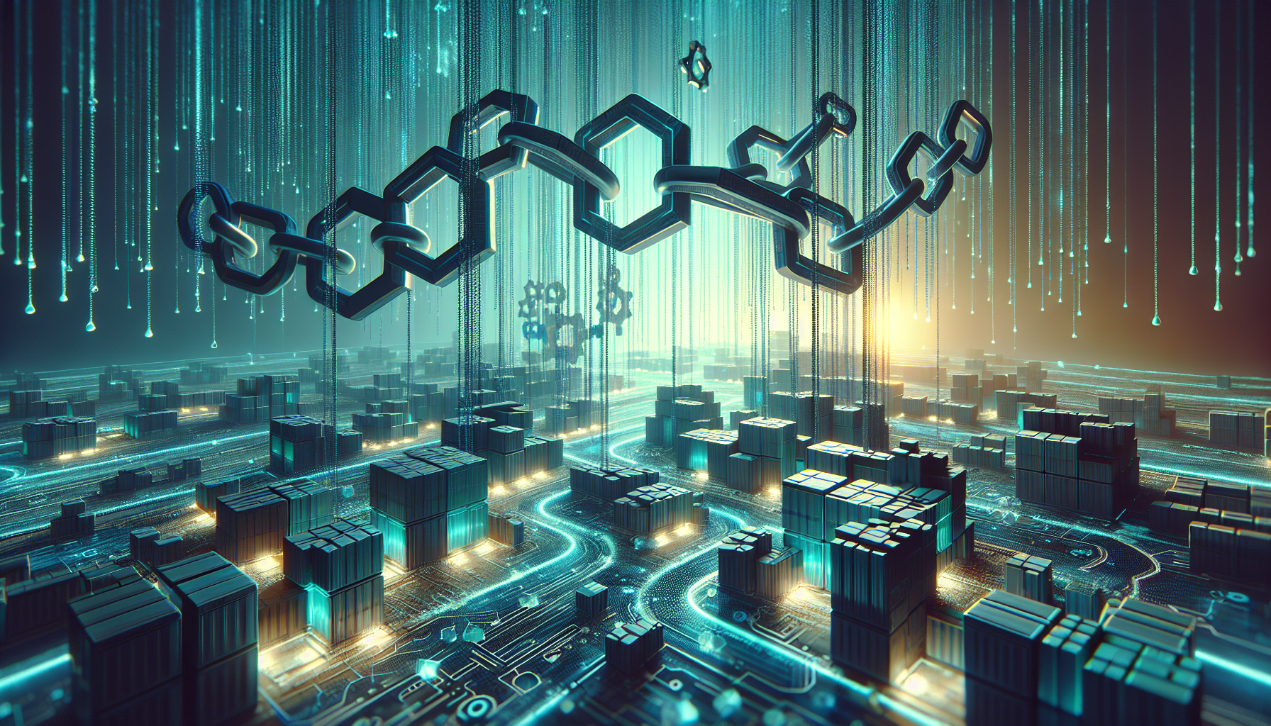 Hexagonal blockchain links over a glowing blue digital cityscape of data blocks and circuits.