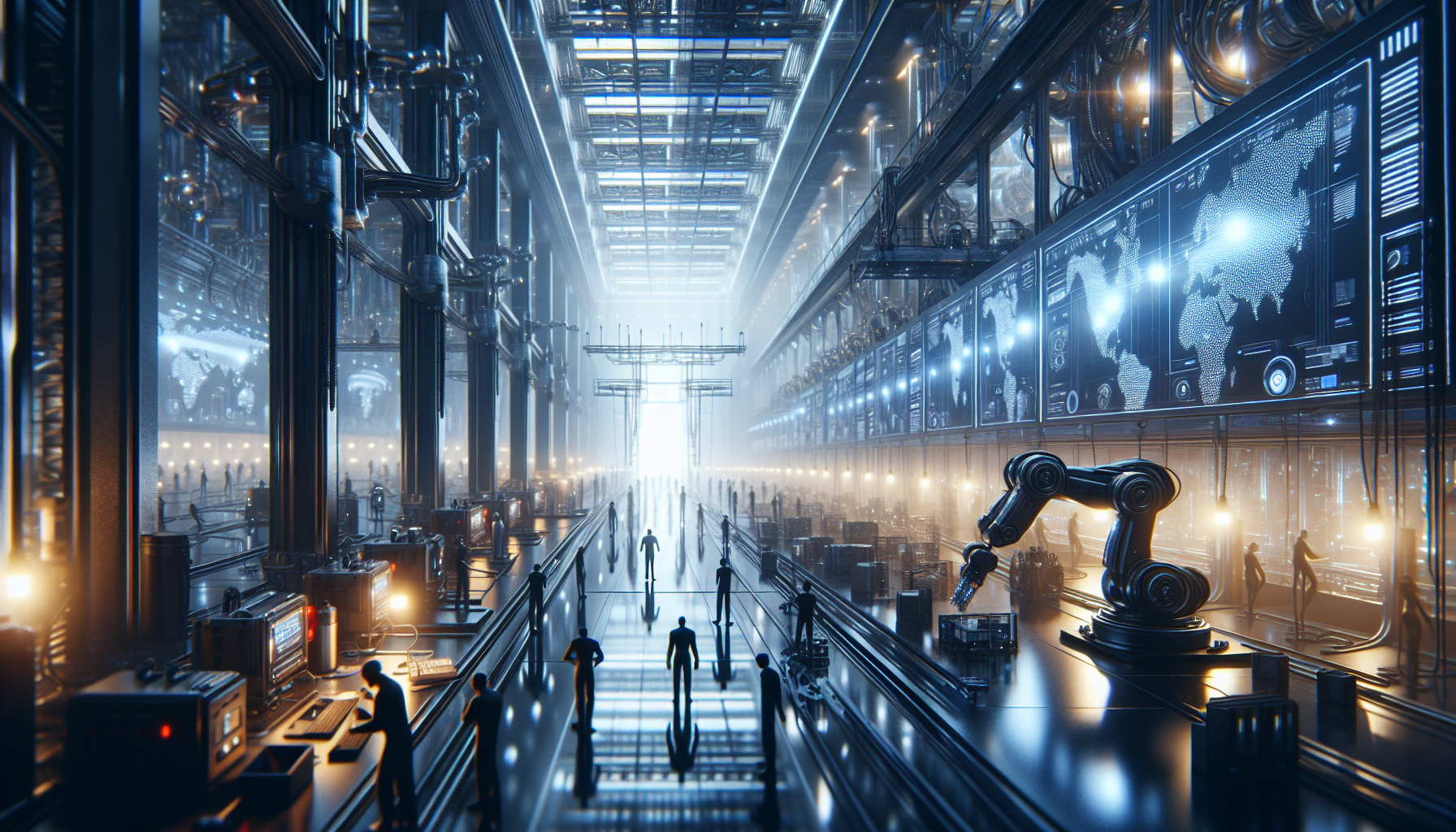 Blue-lit futuristic industrial hall with people, robots, and global data screens.